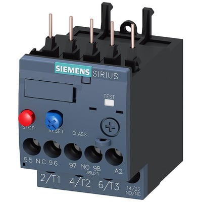 Siemens Sirius 3RU21 termorelæ i størrelse S00 med justerbar strømstyrke på 5.5-8.0A, vist forfra med stop- og reset-knapper.