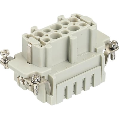 Nærbillede af Harting HAN10B fatningsindsats, viser 10 poler og fjederklemme detaljer på grå plast.