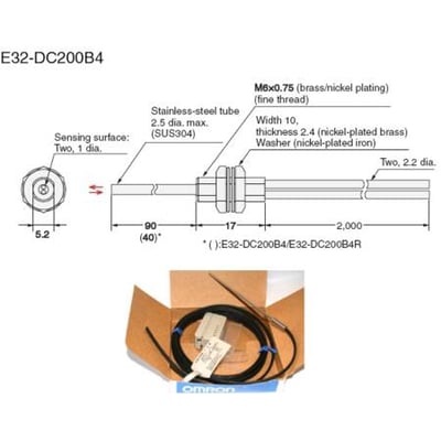 Teknisk tegning og illustration af Omron E32-DC200B4 fiberoptisk sensorhoved, diffus, M6 cylindrisk med R25 fiber og 2m kabel.