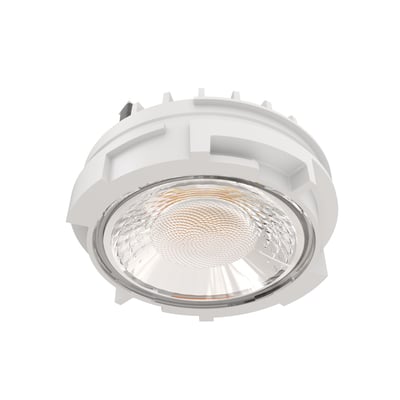 Ansell Lighting Prism Pro XM-lysmotor til downlight ses skråt nedefra med hvidt hus og klar reflektor.