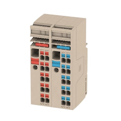 Set fra siden: Weidmüller push-in distributionsblok med 2x 10mm² (rød/blå) og 10x 2.5mm² (rød/blå) tilslutninger i beige.