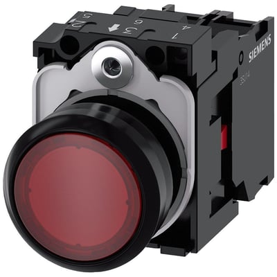 Siemens oplyst trykknap i rød, 22mm rund PLA med 1NC kontakt, med synlig Siemens logo og 230V mærkning.