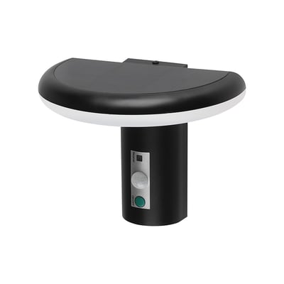 Sort V-TAC LED-solcellehavelampe med sensor, buet lysfelt og solcellepanel på toppen, set forfra.