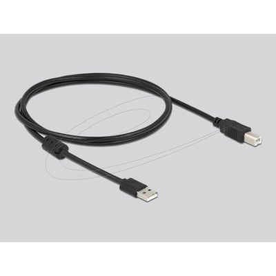 Sort USB-kabel med USB-A- og USB-B-stik, vist som tilbehør til DeLock trådløs 1D- og 2D-stregkodescanner.