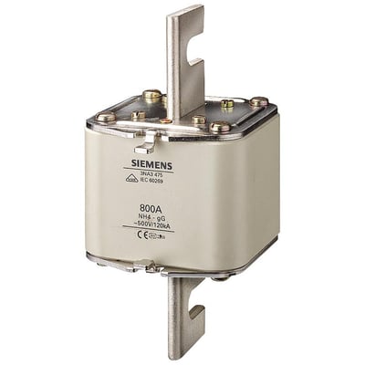 Siemens SENTRON 3NA3 sikringselement NH4, 800A gG 500V med skruekontakter og grebsko, vist med mærkninger.
