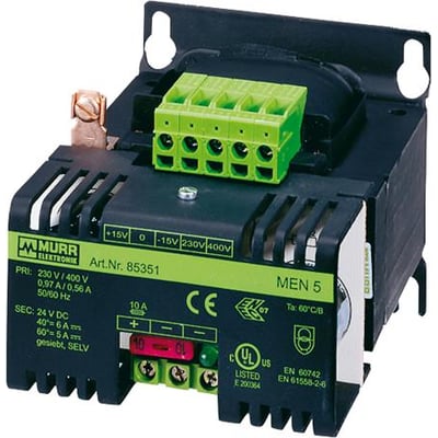 Murrelektronik MEN 5 strømforsyning, 1/2-faset, 115/230Vac input og 24Vdc output med 5A, vist med grønne klemmer og mærkning.