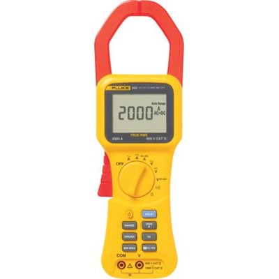 Fluke 355 tangamperemeter i gul og rød med stort display, der viser 2000 A TRUE RMS.