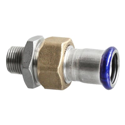 Unico rustfri union med messingomløber, 15 mm press-ende og 1/2" udvendigt gevind på hvid baggrund.