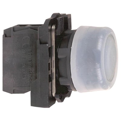 Schneider Electric Harmony Style 5 XB5 trykknap, grøn med silikonekappe, 22mm, 1NO, vist fra siden med tilslutningsmodul.