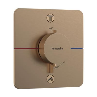 Nærbillede af Hansgrohe ShowerSelect Comfort termostatbatteri i børstet bronze med intuitiv betjening og tydelige symboler for 40°C og brusefunktioner.