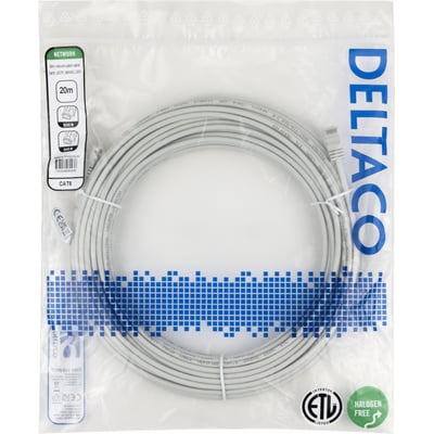 Gråt U/UTP Cat6 AWG28 patchkabel på 20 meter, oprullet i emballage med RJ45-stik synlige.