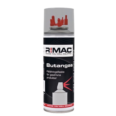 RIMAC gasdåse med 200 ml butangas til påfyldning af gasdrevne produkter, inklusiv 5 forskellige mundstykker.