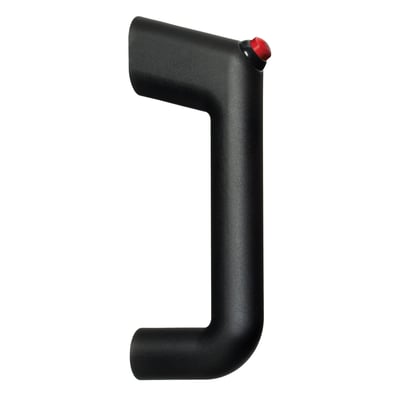 Kraus & Naimer håndtag FH11-ST4 med rød trykknap. Håndtaget er sort og U-formet med en mat overflade.