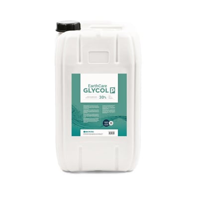 Hvid dunk med sort låg og grøn etiket med Earthcare monopropylenglykol, 30 %, i 25 l emballage.