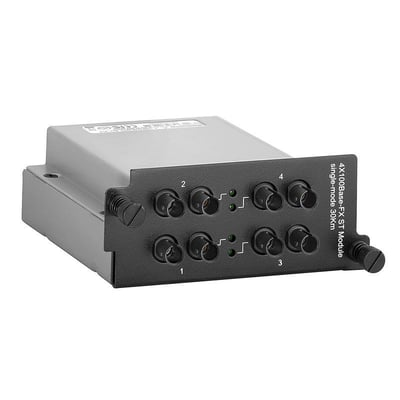 Weidmüller industriel switch IE-SWM-SL04-4STS med gråt kabinet og sort front med fiberstik og grønne indikatorer.