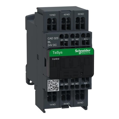 Detaljeret billede af Schneider Electric TeSys D hjælperelæ, fremhæver terminaler med mærkninger for 24V DC og 3 NO + 2 NC konfiguration.