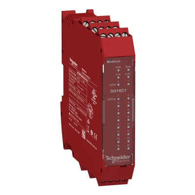 Schneider Electric Modicon udvidelsesmodul med 16 status outputs, rød med hvide markeringer og skrueterminaler.