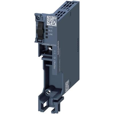 Siemens kommunikationsmodul til PROFINET i mørkegråt kabinet med synlige tilslutninger, set skråt forfra.