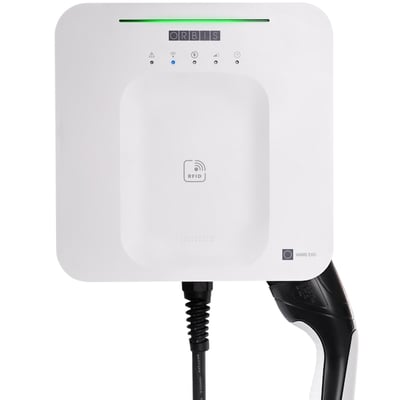 Orbis VIARIS EXO 3F-ladeboks i hvid med sort 5 m Type 2-kabel, 11 kW og statuslys, vist forfra.