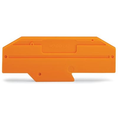 Wago afslutningsplade i orange til serie 282, 2 mm tyk, viser et solidt plastdesign med indgraveret Wago 282 logo.