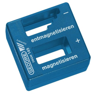 Gedore magnetiserings- og afmagnetiseringsapparat type 149 i blåt plast, set skråt ovenfra med åbninger og markeringer.