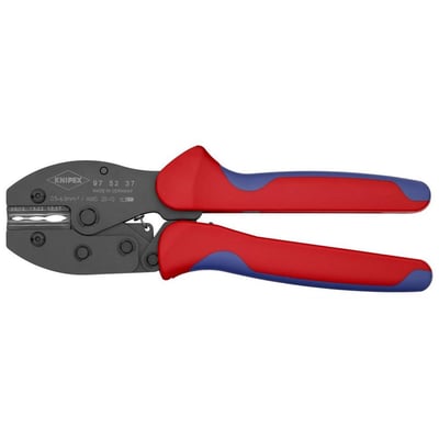 Nærbillede af Knipex PreciForce crimptangs hoved, viser krympestørrelserne 0,5-1,0, 1,5-2,5 og 4,0-6,0 mm2 samt AWG-markeringer.