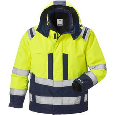Kansas Hi-Vis vinterjakke kl3 119626 i gul og marineblå, str. 4XL, med aftagelig hætte, fleece krave og reflekterende detaljer for øget synlighed.