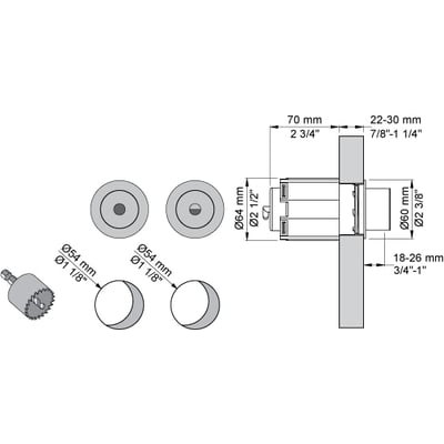 Diagram over Vola Trykknap A83 med dimensioner og monteringsvejledning, viser mål i mm og tommer.