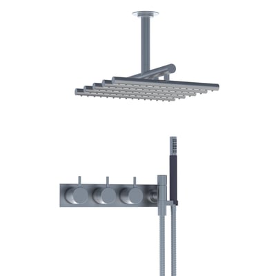 Vola indbygningstermostat med omskifter T2 og håndbruser i børstet stål med tre drejeknapper.