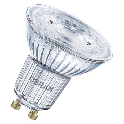 LEDVANCE SMART+ Matter LED-pære med GU10-fatning, 4,7 W og RGBW-lys, vist skråt forfra med klar linse.