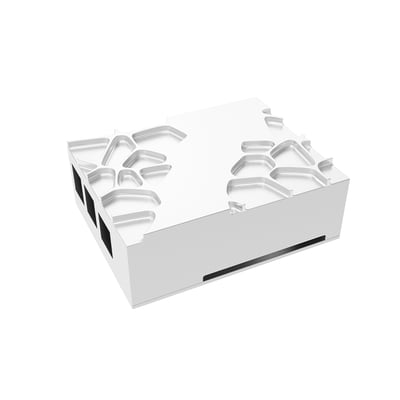 Akasa Gem Pro-aluminiumskabinet til Raspberry Pi 4 Model B ses skråt ovenfra med sølvfarvet, ædelstensinspireret topdesign.