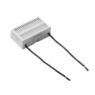 Shelly Bypass til Shelly Dimmer 2, en hvid 230 V-tilbehørsenhed med ventilationsriller og to sorte ledninger.