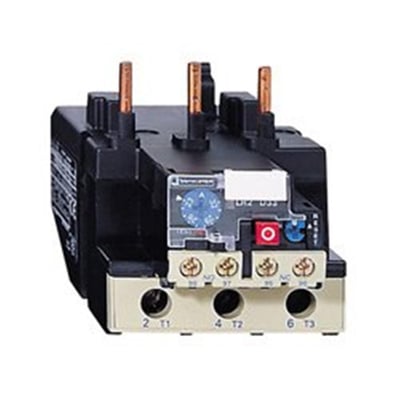 Schneider Electric termorelæ LRD3363 med beige bund og mørkegrå top, viste tilslutningspunkter på bagsiden.