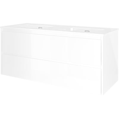 Sanibell Proline møbelsæt i hvid højglans, 121x46cm, med to integrerede softclose skuffer og dobbeltvask uden hanehul.
