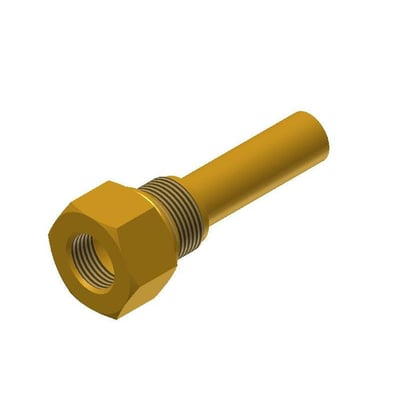 Tredimensionel gengivelse af Danfoss følerlomme i skinnende messing, med tydeligt G1/2 - 14 NPT gevind og 65 mm indstikslængde.