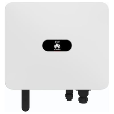 Huawei SUN2000-12K-MB0 hybrid solcelleinverter med hvid front, sort logo og tilslutninger nederst.