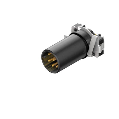Weidmüller M12-kontaktindsats, 8-polet og A-kodet, med sort cylindrisk front, synlige guldfarvede kontakter og gråt beslag.