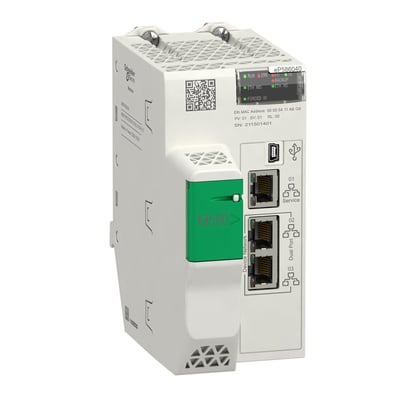 Schneider Electric M580 ePAC CPU med 64 MB program og udvidet miljøbeskyttelse, med 3 Ethernet-porte og USB-tilslutning.
