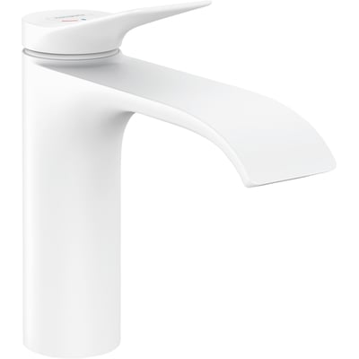Hansgrohe Vivenis 110 CS håndvaskarmatur i mat hvid, med WaterfallStream stråletype og ComfortZone 110, isoleret mod hvid baggrund.