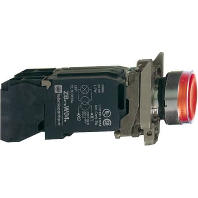 Schneider Electric Harmony XB4 rød lampetryk med LED-teknologi, vist fra siden med monteringsbeslag og elektrisk tilslutning.