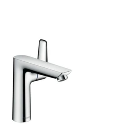 Hansgrohe Talis E 150 håndvaskarmatur i krom med ét greb, vist skråt forfra med høj tud og slank betjeningsarm.