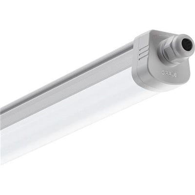 Opple LED-armatur LEDWATERPROOF-P5 på 1,5 meter og 48 W med lang, hvid afskærmning og tilslutning i enden.