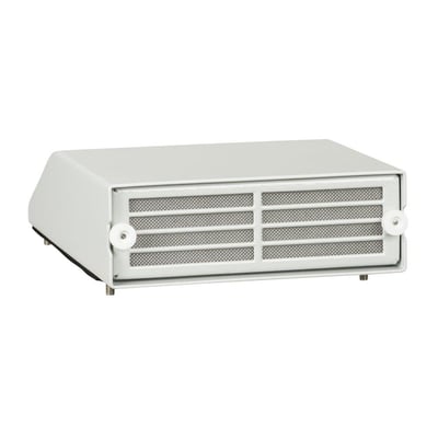 Tæt beskyttelseslåg ClimaSys CA 223x223mm fra Schneider Electric i hvid metal med ventilationsgitter og hvide drejeknopper på hvid baggrund.