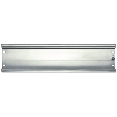 Siemens Simatic standard DIN-skinne i metal, 35mm bred og 530mm lang, med monteringshuller og en bolt på siden.