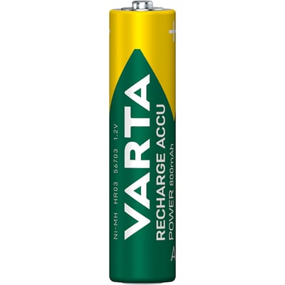 Nærbillede af et enkelt VARTA RECHARGE ACCU Power AAA batteri, der viser grøn-gult design og tekniske specifikationer.