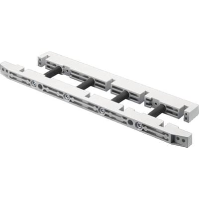 Rittal skinneholdere i hvid aluminium til sikringslistefelt SV, med sorte cylindriske afstandsstykker.