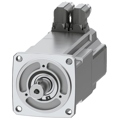 Siemens Simotics S-1FK2 HD servomotor med holdebremse og aksel på hvid baggrund, viste med DRIVE-CLiQ og strømstik.