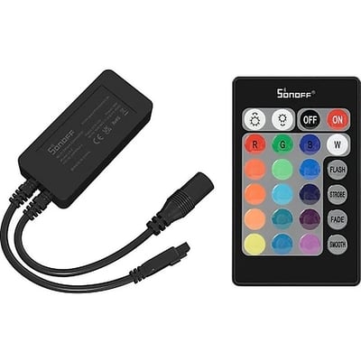 Sonoff L2-C smart RGB LED-controller med WiFi og Bluetooth samt separat 24-knaps fjernbetjening.