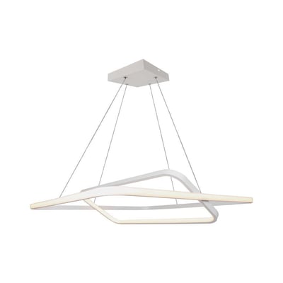 Moderne V-TAC LED metalloftlampe i hvid med et unikt, asymmetrisk design, ophængt med tynde stålwirer.