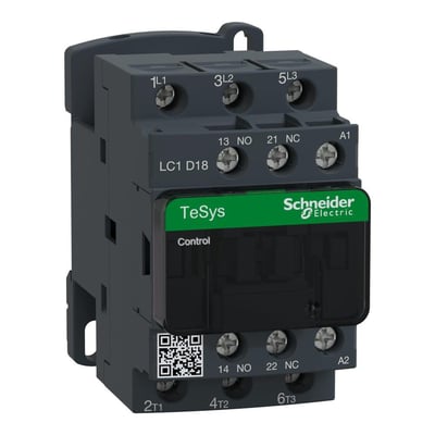 Schneider Electric TeSys D kontaktor LC1 D18 med 3 poler, 18A og 120 VAC spole, viser 1NO+1NC kontakter og skrueklemmer.